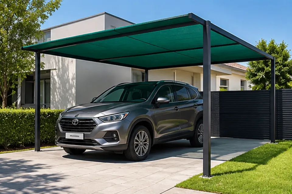 Auto estacionado bajo una cochera con techo de tela verde