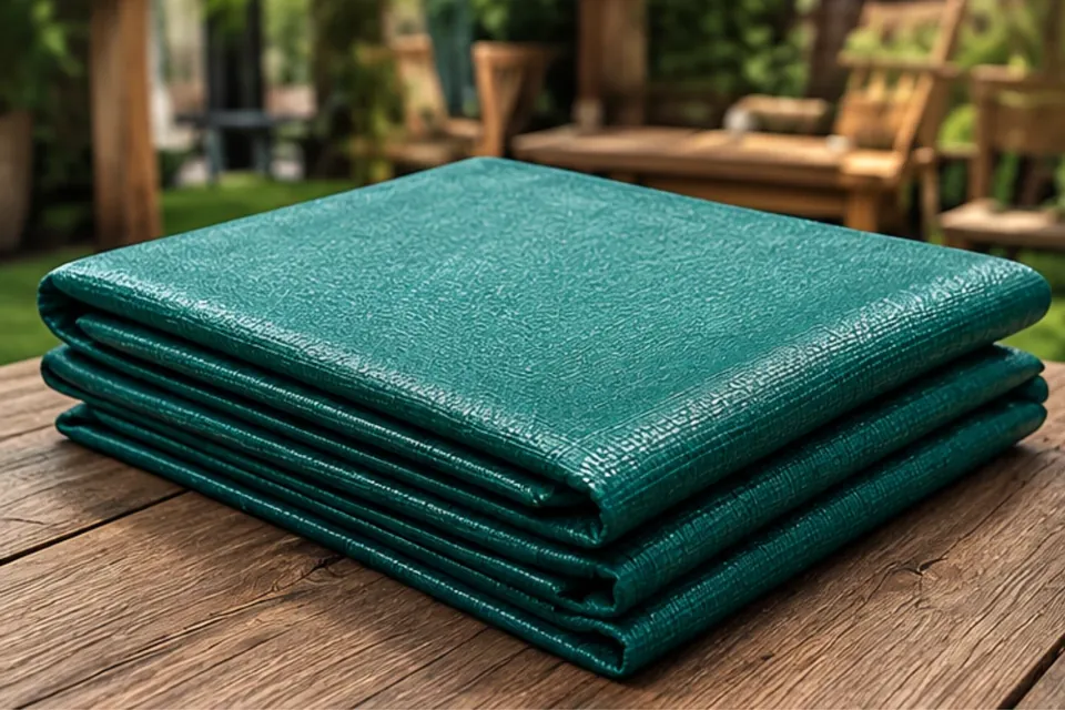 Paño de tela verde plegado sobre una mesa de madera