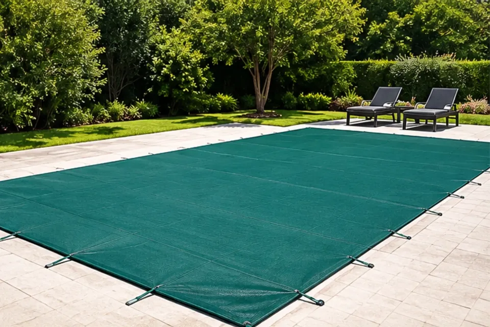 Pileta cubierta con un cobertor de tela verde tensado